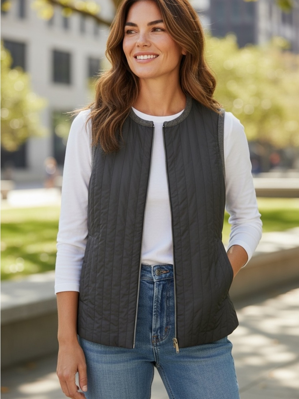 Lafayette 148 New York Quilted Zip-Front Vest in Charcoal Gray